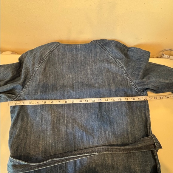 Gap Sz S Long Line Denim Trench Coat Patch Pockets Belt Frayed Edges Blue EUC - Picture 7 of 9